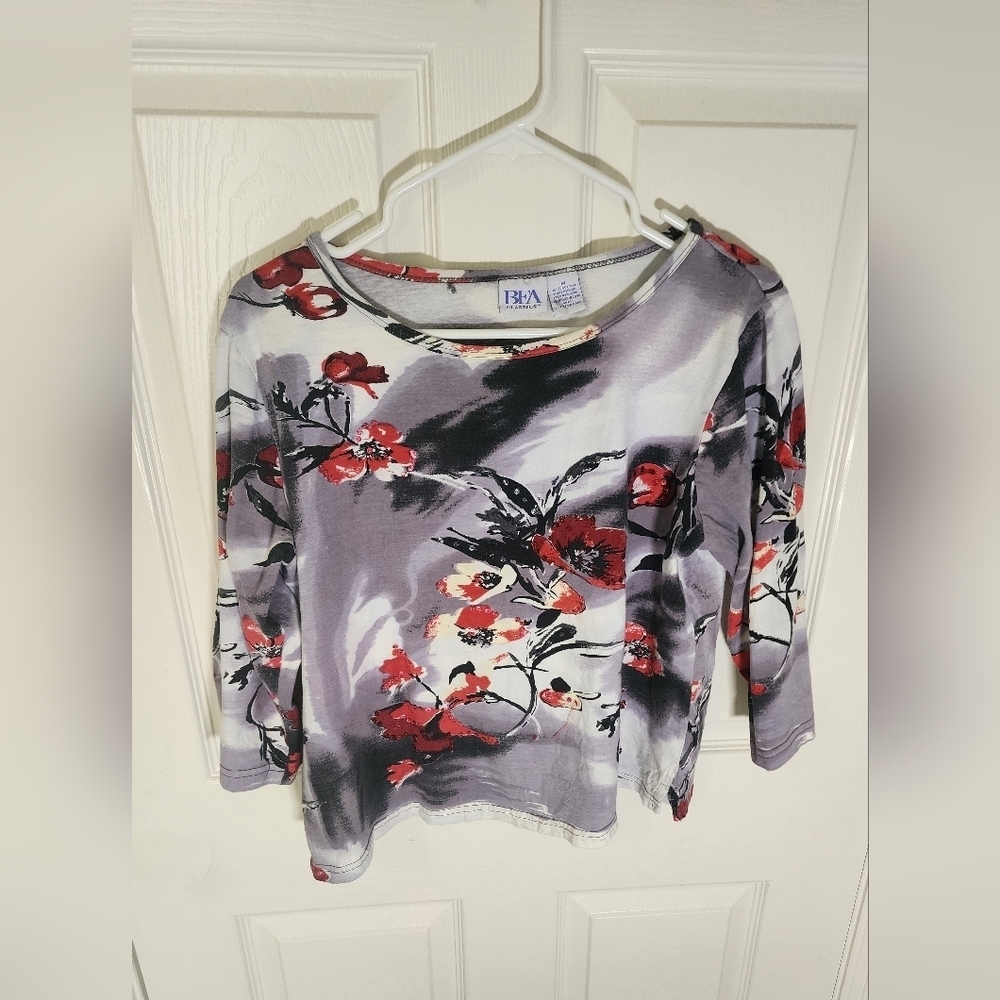 BFA Classics Womens Floral Stretchy 3/4 Sleeve Top